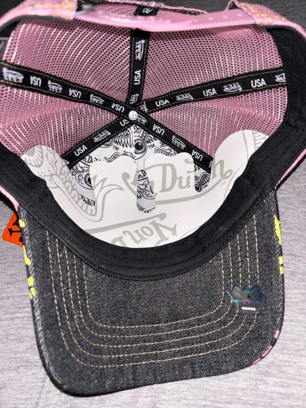 Von Dutch Black Trucker Cap with Pink Patch and Multicolor Logos - Picture 3 of 4